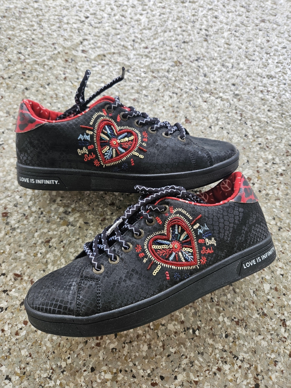 Desigual Black Sneakers with Red Heart Embroidery